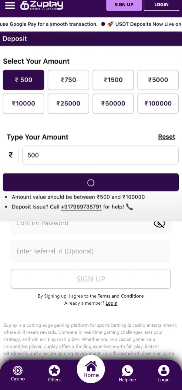 Choose a payment method and confirm the transaction to deposit funds on the official Zuplay platform.