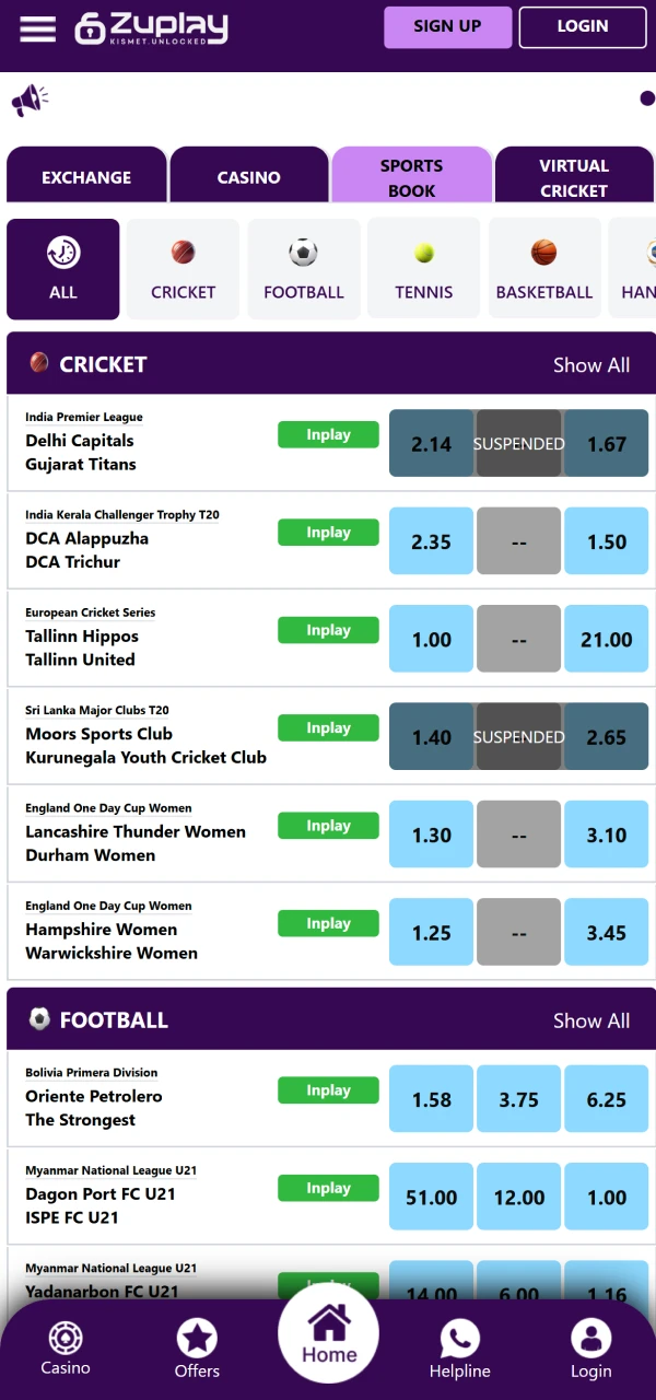 Browse live and upcoming sports matches to place your bets on the official Zuplay platform.