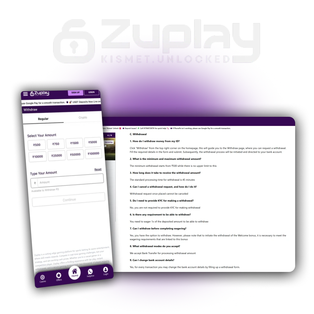 Withdraw your winnings from Zuplay using official payment methods available on the site.