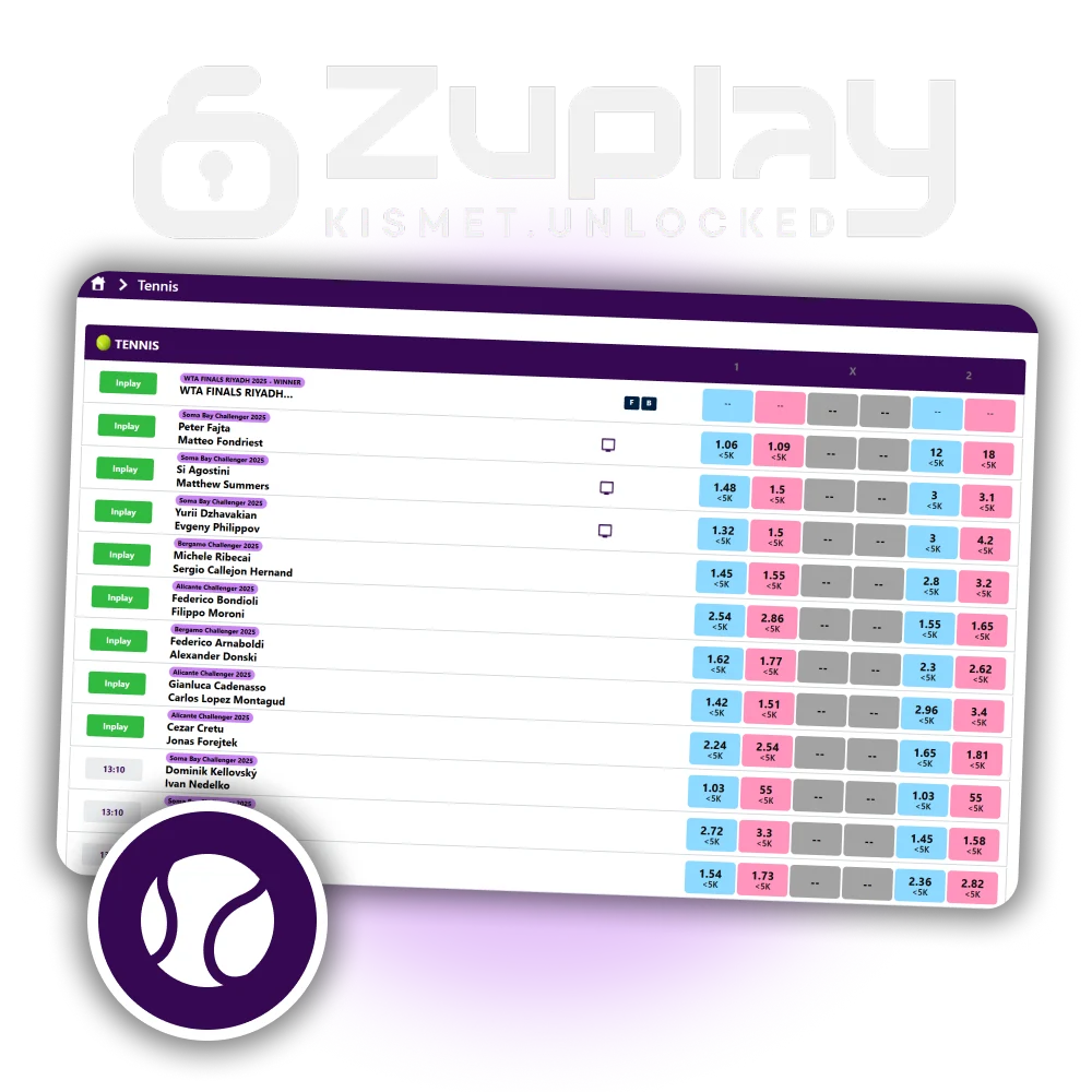 Bet on tennis matches live or pre-match at Zuplay.